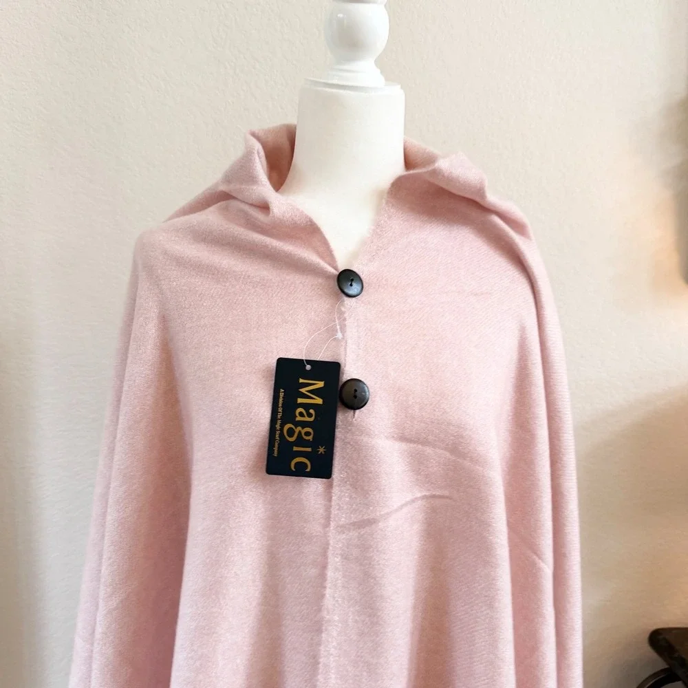 Magic Scarf Company Pink Button Front Fringe Poncho Wrap Cape One Size NWT‎